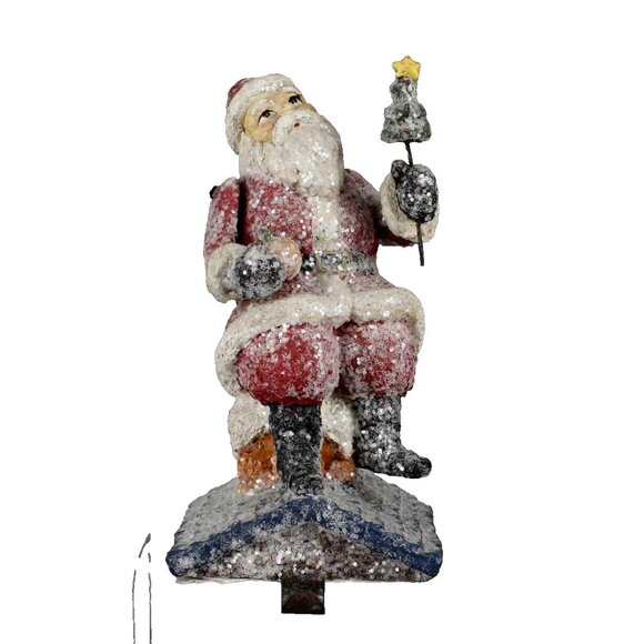 Santa On Chimney Holding Christmas Tree 10" Stocking Hanger - Picture 1 of 2